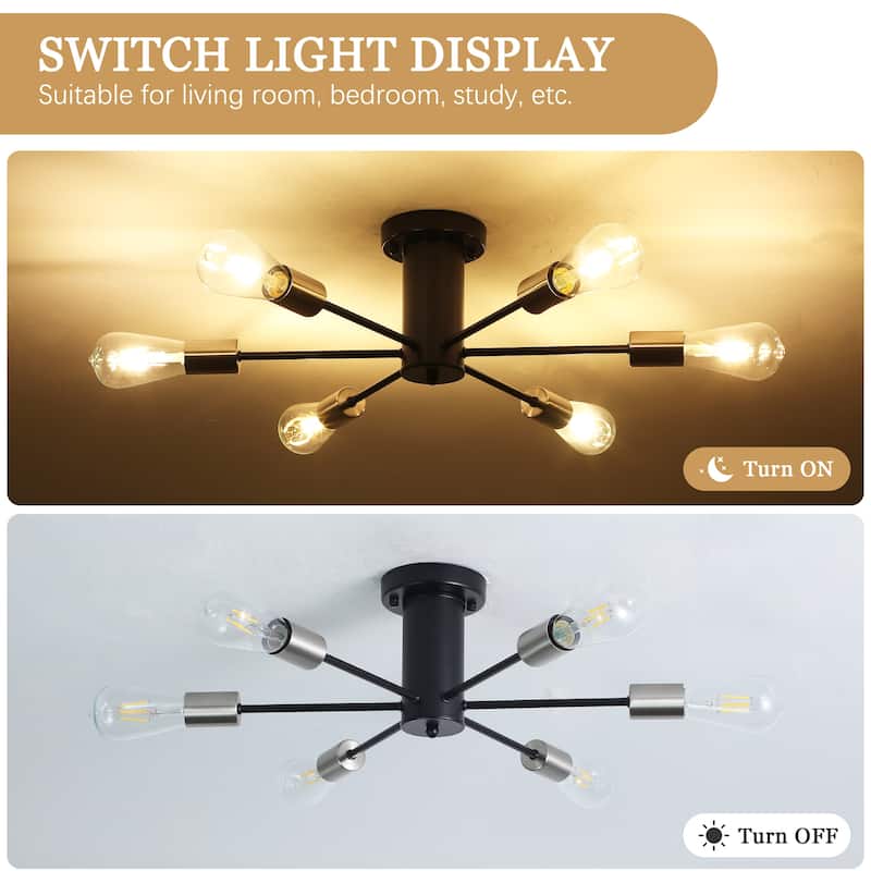 6-Light Modern Industrial Sputnik Semi-Flush Mount Ceiling Light - N/A