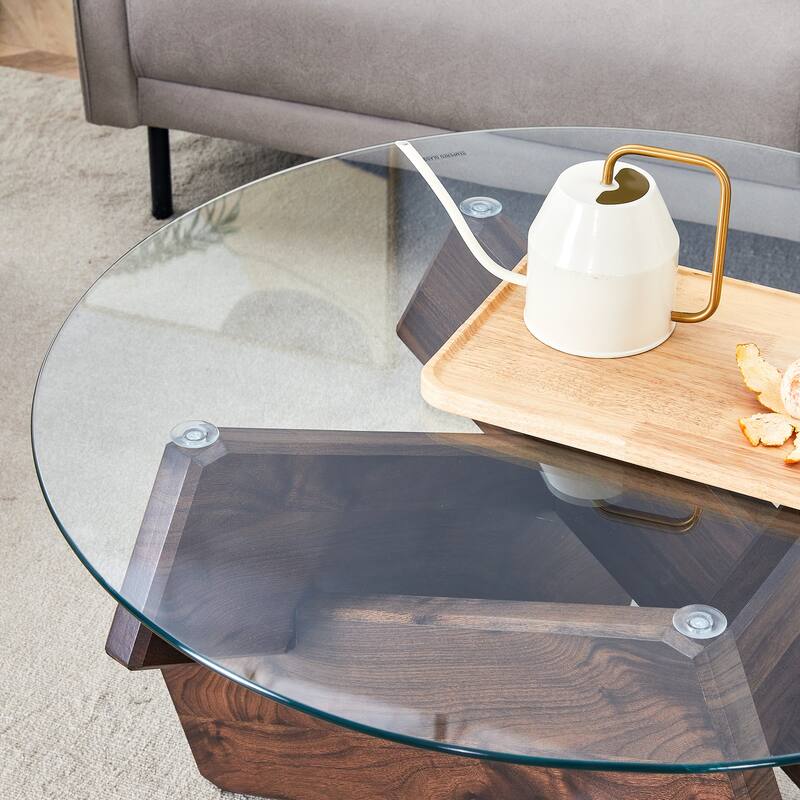 Round Coffee Table, Modern Center Table with Tempered Glass Top, Unique Wood Tea Table for Living Room, Walnut