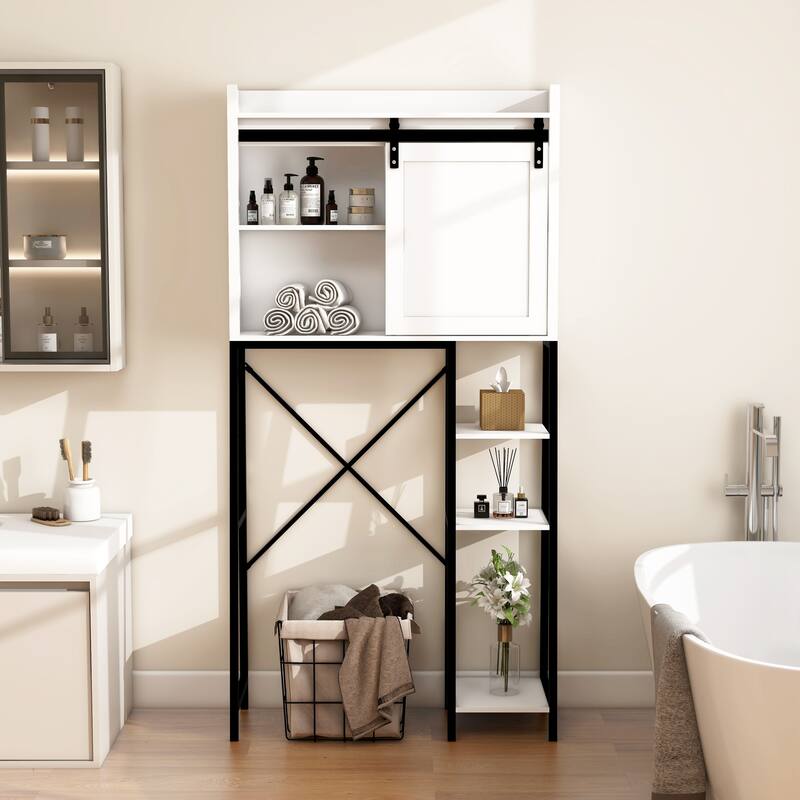 Bathroom Over The Toilet Storage Cabinet With Sliding Barn and Shelves