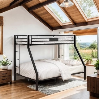 Stylish Twin XL Over Queen Bunk Bed with Sturdy Metal Frame, Slat System, Full-Length Guardrail, and Double Ladder, Black