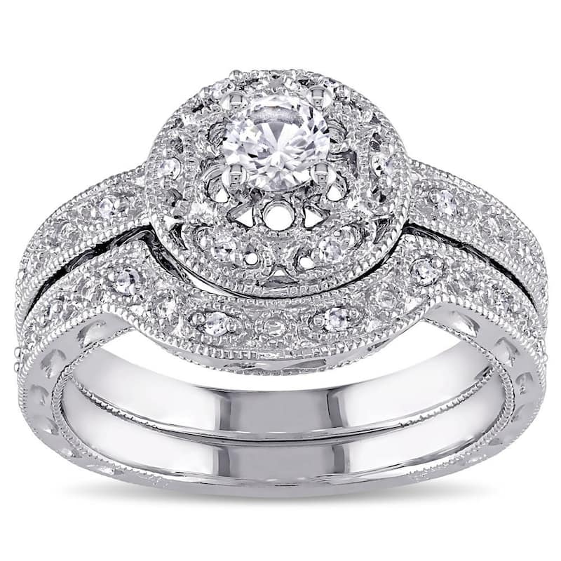 Miadora Sterling Silver Created-white-sapphire and 1/10ct TDW Diamond Bridal Ring Set