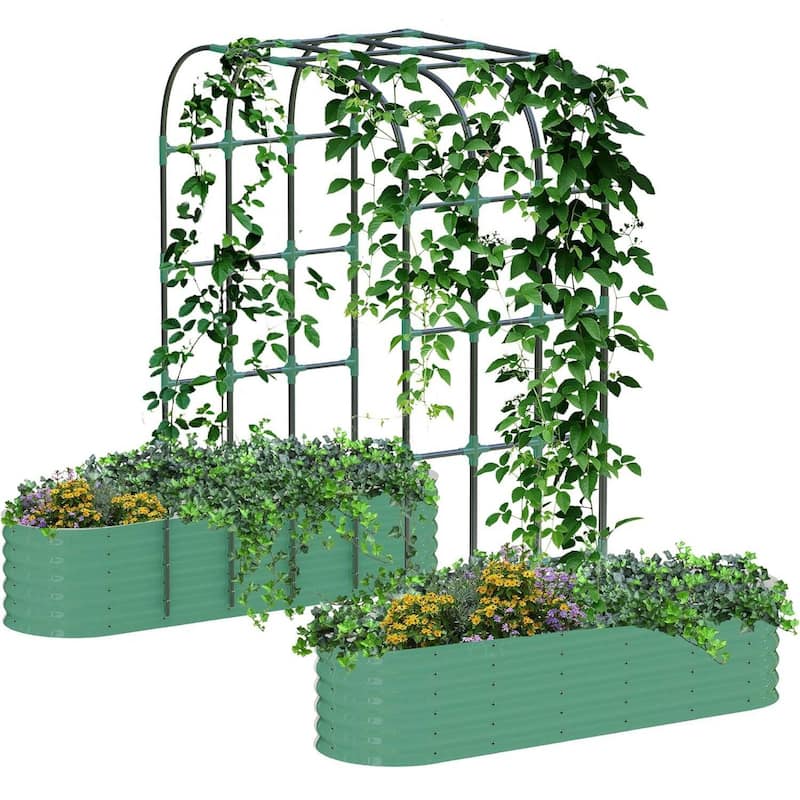 Galvanized Vertical Garden Kit,​​ 95" Tall Arch Trellis + 2 Raised Planter Boxes - N/A - Green