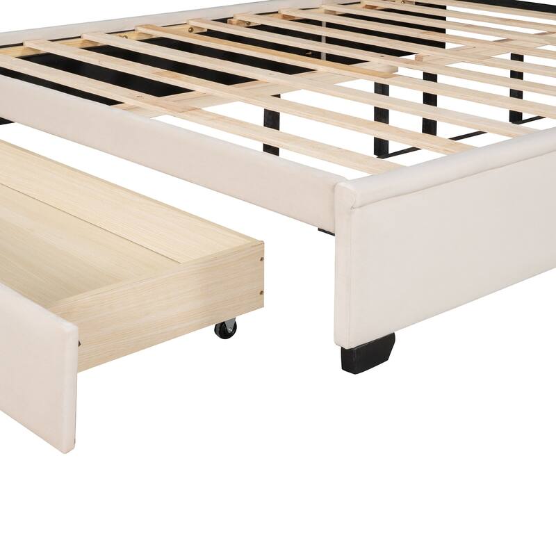 Queen Upholstered Platform Bed with Wingback Headboard and Drawer