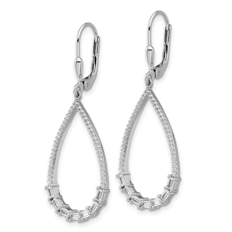 Curata 925 Sterling Silver Baguette and Round Cubic Zirconia Large Teardrop Leverback Earrings - 45x19mm