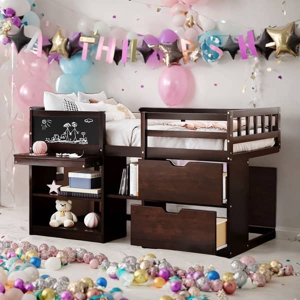 slide 2 of 17, Twin Size Low Loft Bed with Rolling Desk, Shelf and Drawers, Espresso Espresso
