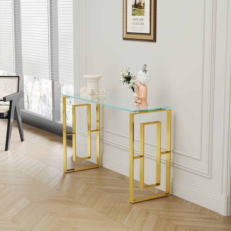 Modern Glass Console Table, Sofa Table with Sturdy Metal Frame and Tempered Glass Top - 55.1" x 17.7" x 30.7"