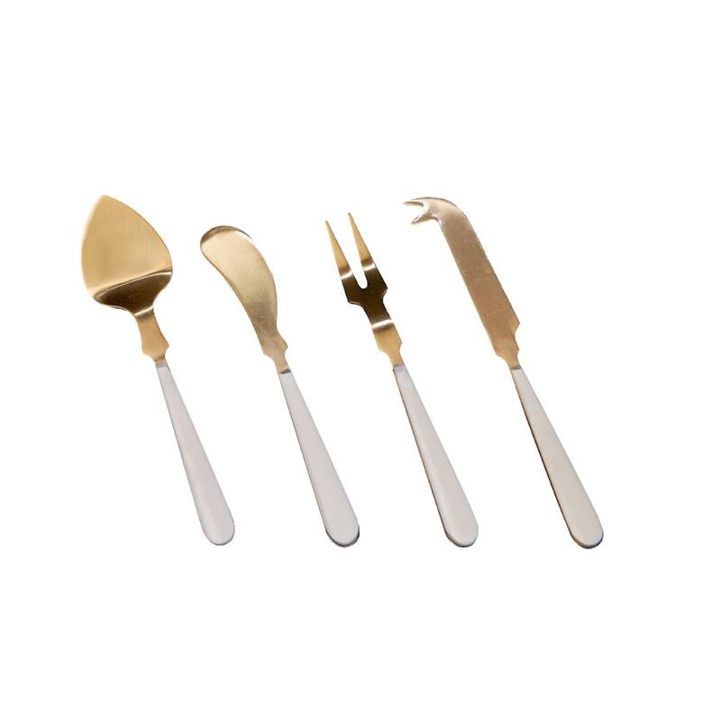 Set of 4 Gold Cheese Set w/ White Resin Handles in Giftbox - Gold & White