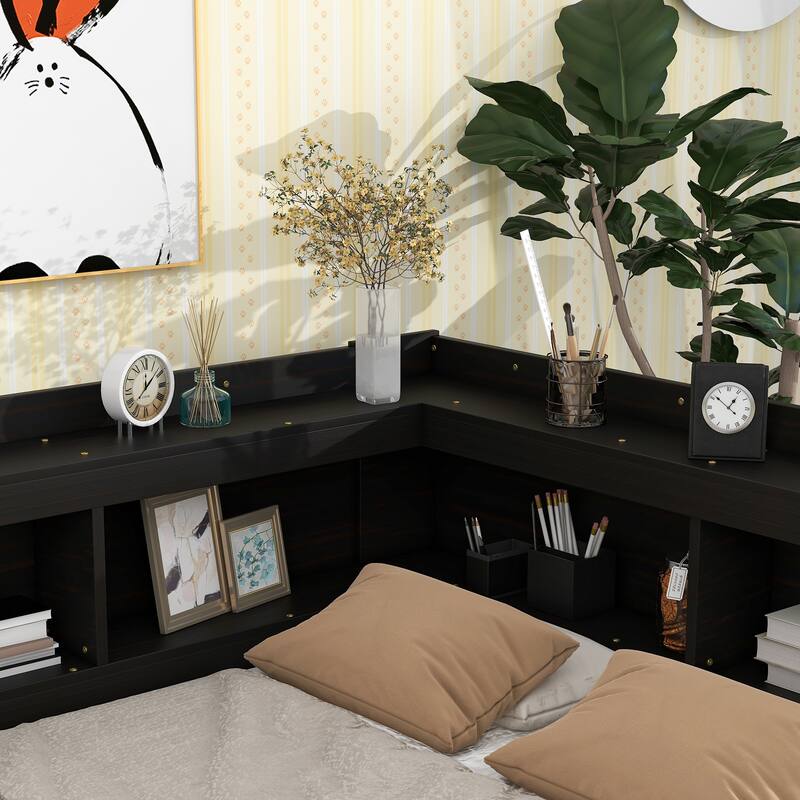 Full Bed with L-Shaped Bookcase and Storage Drawers, Space-Saving Design