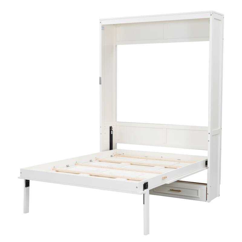 Full Size Foldable Platform Bed Frame with 2 Pull-out Drawers Beige Murphy Bed Convertible Wall Cabinet Space Saving Storage Bed
