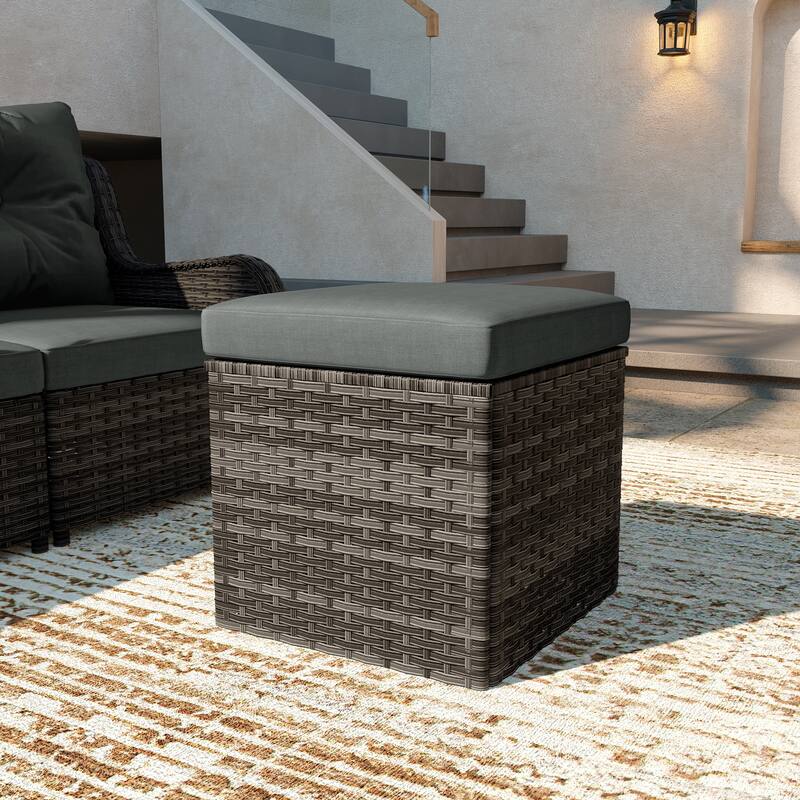 Outdoor Wicker Square Storage Ottoman with Plush Cushion - GreyBrownBase-Dark Grey