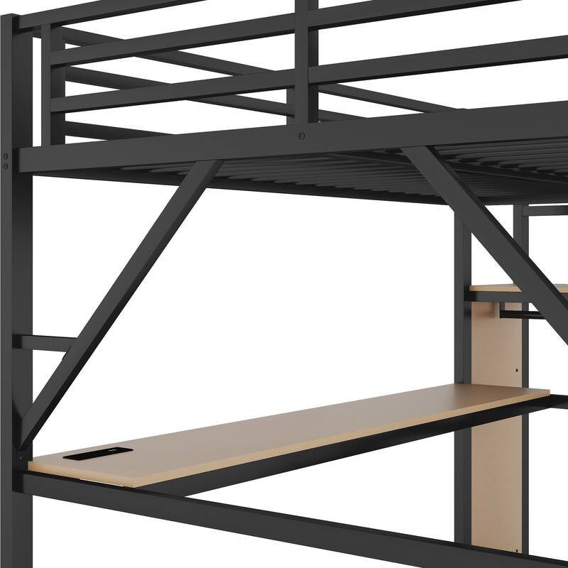 Metal Loft Bed with Desk and Charging Station