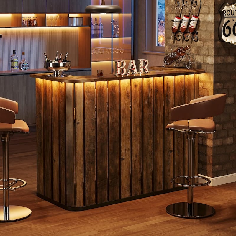 63 Inches Home Bar Unit, 2 Tiers Liquor Bar Table with Storage Shelves - Brown