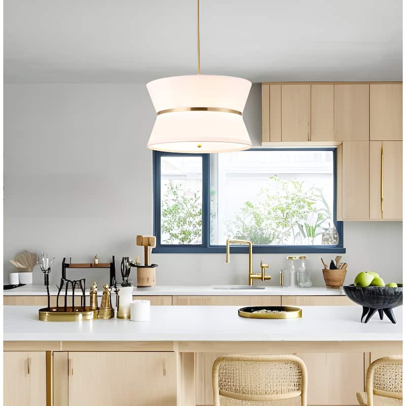 3-Light 18" Wide Gold Drum Design Modern Elegant Pendant Light with White Fabric Shade - Gold/White