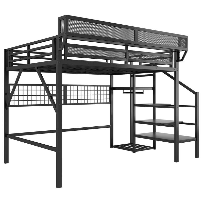Black High Loft Bed with Wardrobe and Grid Storage for Kids Teens Adults Metal Loft Bed Frame with Light and Stairs