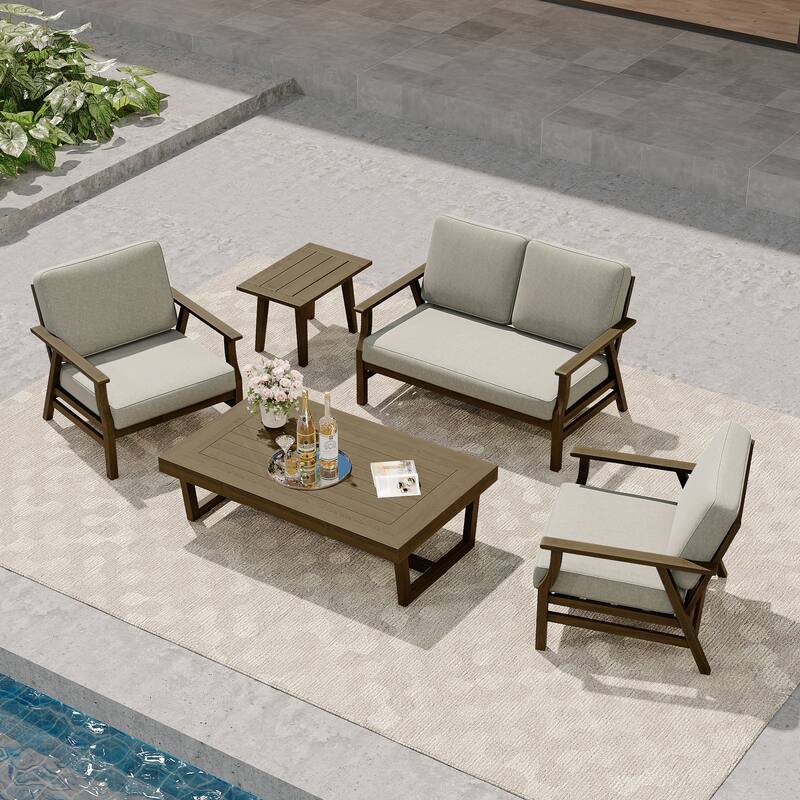 Modern Wood Cushioned Outdoor Patio Sofa Loveseat with Coffee Table