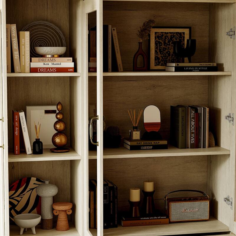 Bookcase Cabinet with Glass Doors and Drawers Multi-Purpose Storage Display Hutch for Living Room or Dining Room