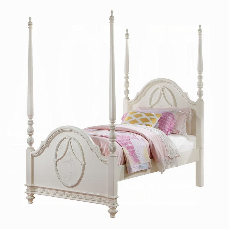 Dorie Full Size Poster Bed, Embossed Floral and Oval Molding, Ivory