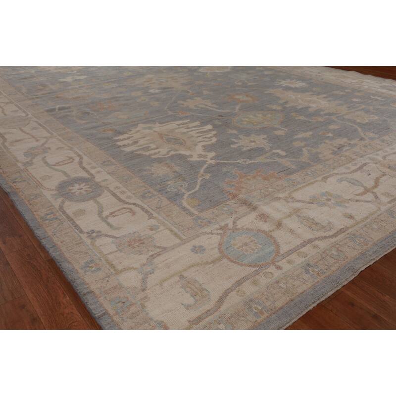 Hand Knotted Oriental 100% Wool Carpet Transitional All-Over Navy Blue & Blues Oushak Area Rug - 11' 11'' X 9' 0''