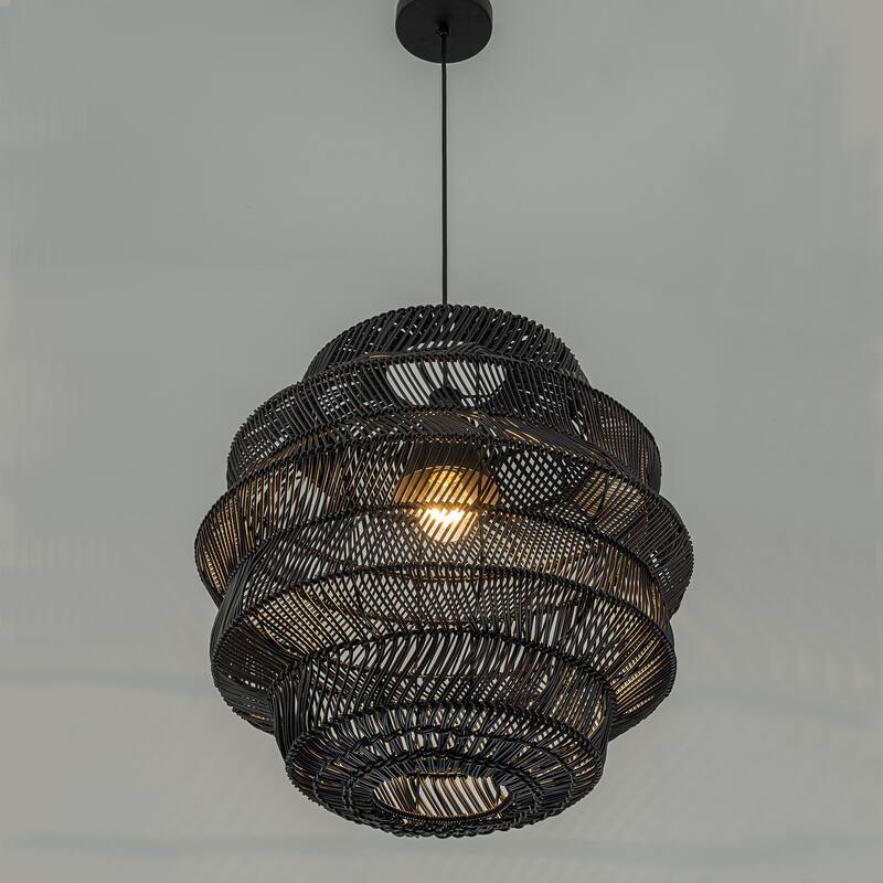 Cana 1-Light Wicker Outdoor Pendant, Coastal Boho Tiered Drum - Handwoven