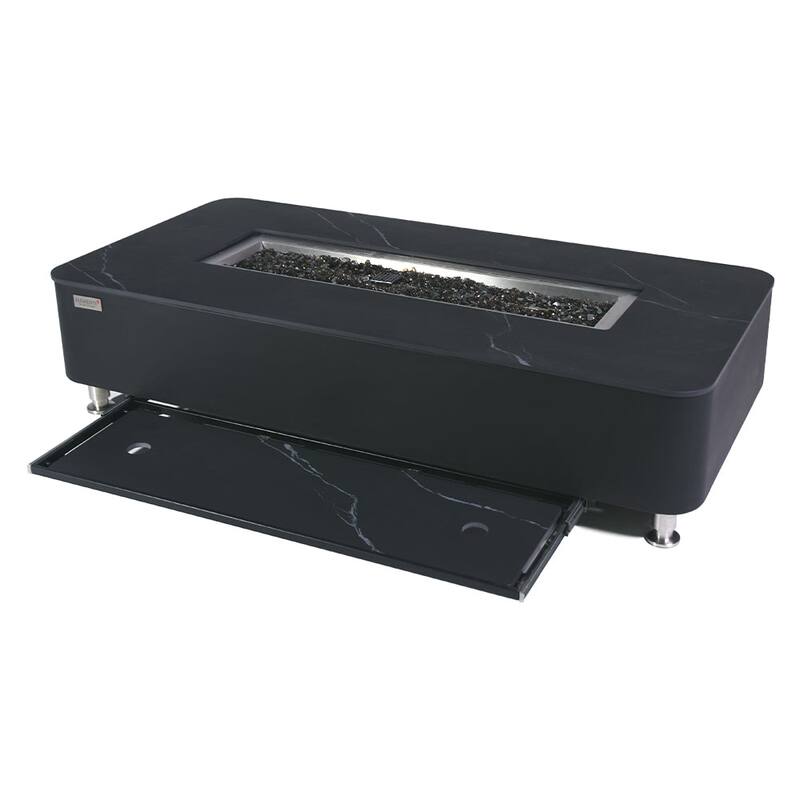 Elementi Plus Valencia Outdoor Fire Pit Table Concrete Rectangular 60000 BTU - 62 x 30 inches with Lid, Fire Glass, and Cover