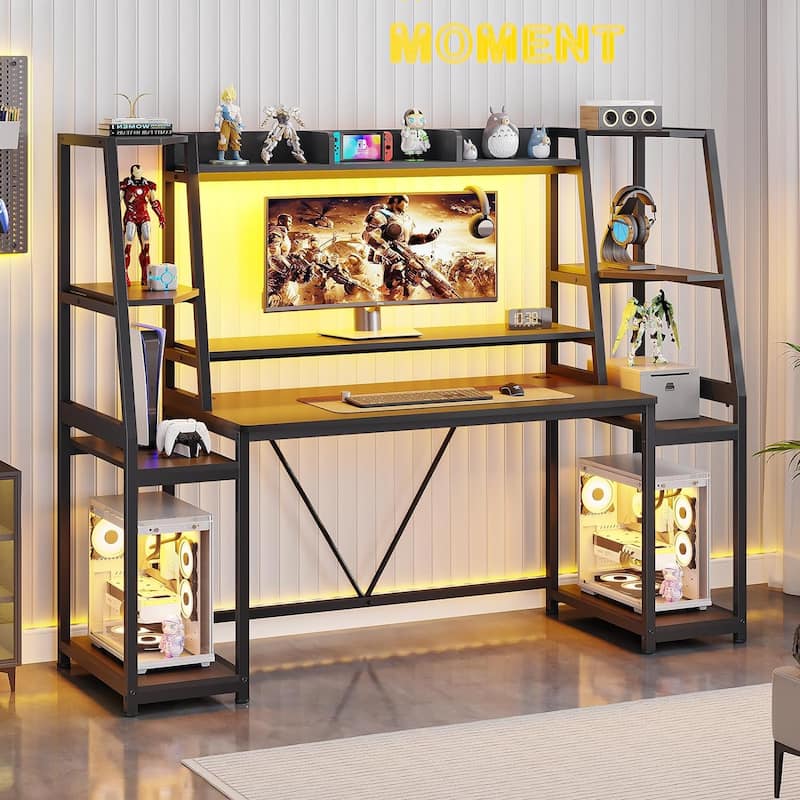 Gaming Desk LED Lights Hutch and Storage Shelves PC Gamer Desk