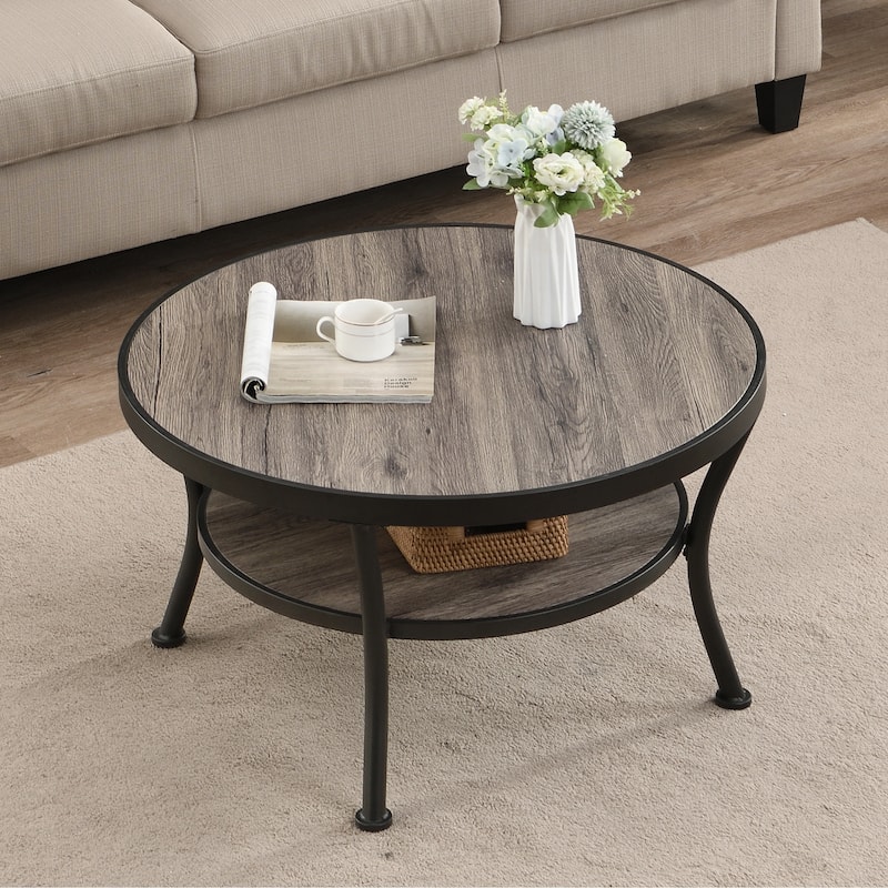 Myhozm Industrial Round Metal Coffee Table with Shelf for Living Room,Home Office and Bedroom