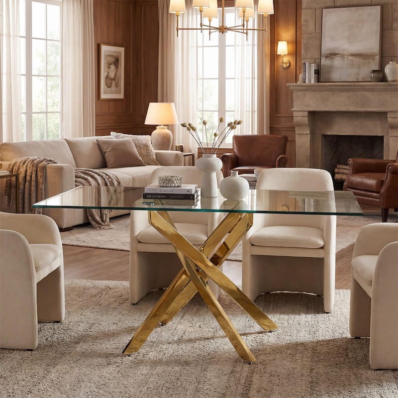 Modern rectangular tempered glass tabletop with a golden iron frame