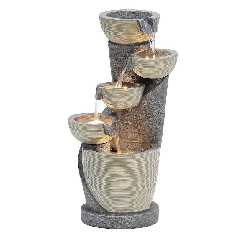 Gray Cascading Bowls and Column Resin Outdoor Fountain with LED Lights