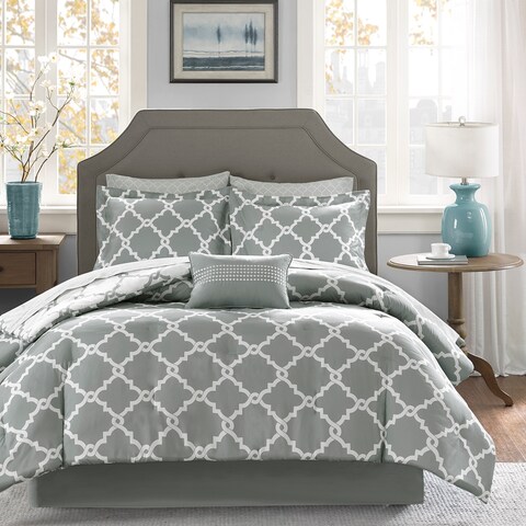 Madison Park Essentials Almaden Grey Trellis Pattern Reversible Complete Comforter Set with Cotton Bed Sheets