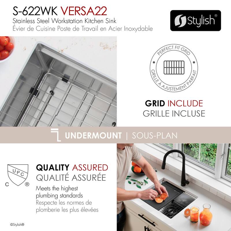 STYLISH 22 inches Workstation Single Bowl Undermount 16 Gauge Stainless Steel Kitchen Sink with Built in Accessories Handmade