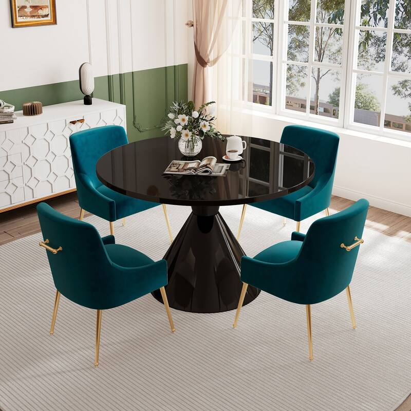 48" Light Luxury Black High Gloss Large Countertop Dining Table with Velvet Dining Chair Set