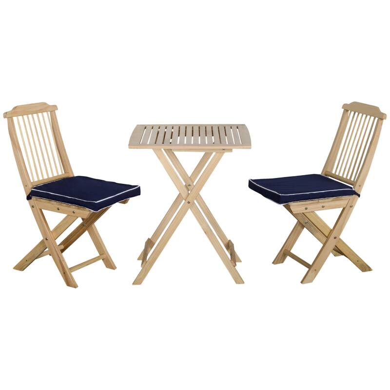 3 Pieces Patio Folding Bistro Set, 1 Pine Wood Square Coffee Table & 2 Chairs with Tie-on Cushion