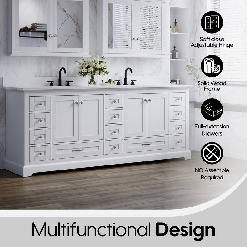 84''W Solid Wood Frame Bathroom Vanity With Pure White Culutered Marble Countertop And Double Sink