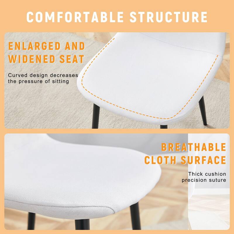 Luxury Simple Chair - Set of 4 WHITE Linen-Cotton Material High Resilience Dining Chair with Metal Black Leg