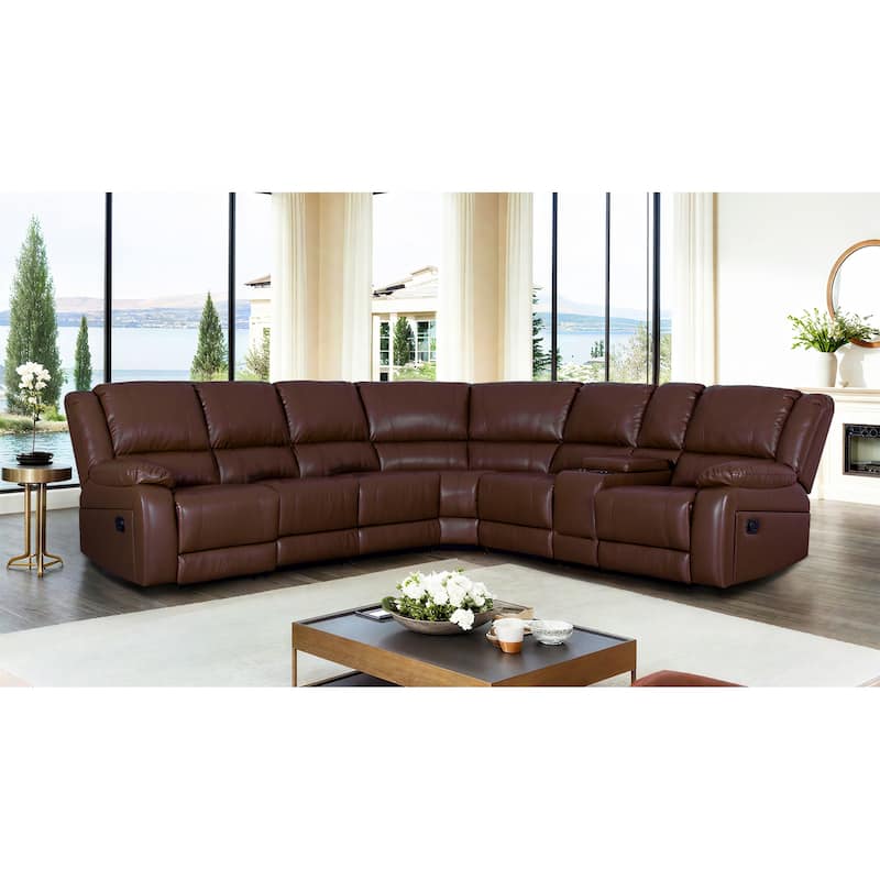 6PCS, 2 Manual Recliners, Faux Leather Reclining Sectional with Center Console - Brown