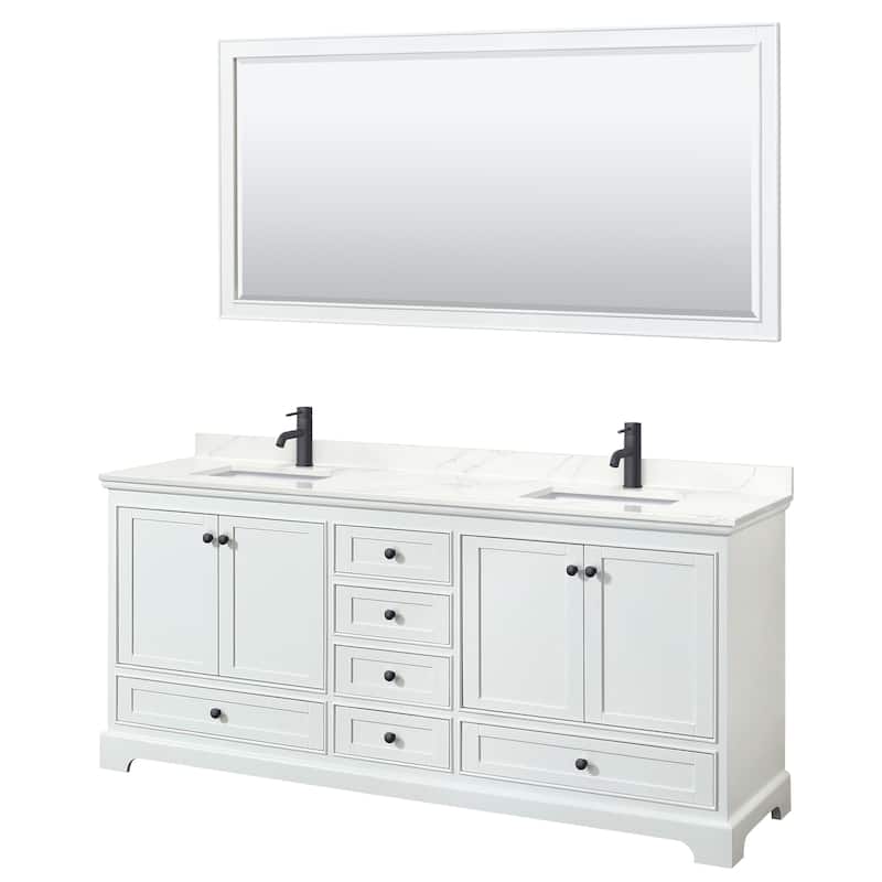 Deborah 80-inch Double Vanity, Quartz Top, 70-inch Mirror - White, Black Trim, Giotto Quartz Top