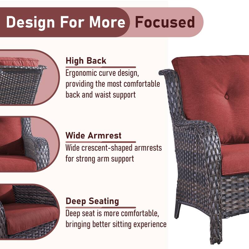 Pocassy Outdoor 7 Pieces Sofa Swivel Chair Ottoman with Fire Table