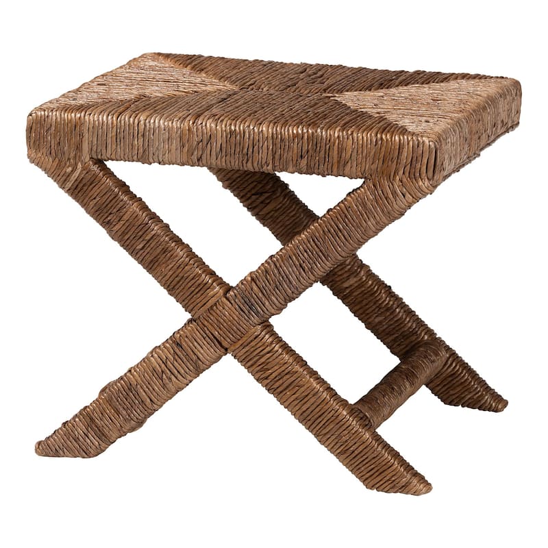 Alda Woven Seagrass Ottoman - Handwoven Wicker Accent Stool with X Base, Boho Coastal Seating - Natural Brown