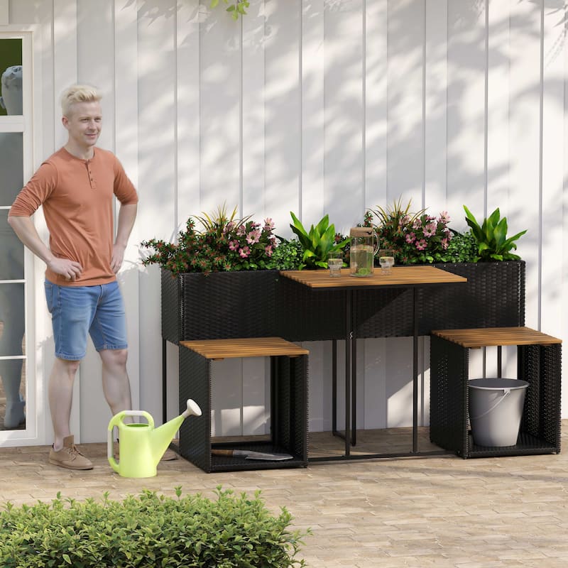 3-in-1 Raised Garden Bed Table Set with Chairs and Storage Rattan Patio Furniture Set - 59" × 27.5" × 29"