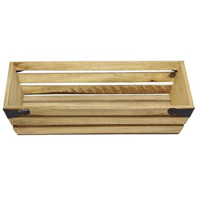 Natural wood shallow rectangle crate with metal corner design