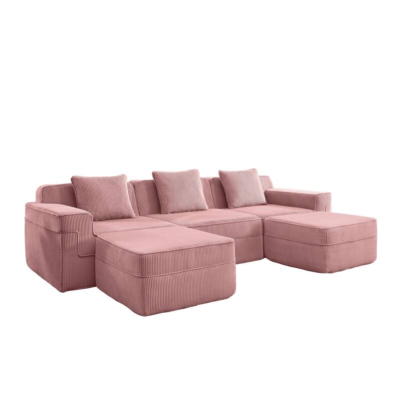 GDFStudio - Corduroy Modular 3-Seater 117.3" U-Shaped Boneless Cloud Sofa with 2 Ottomans