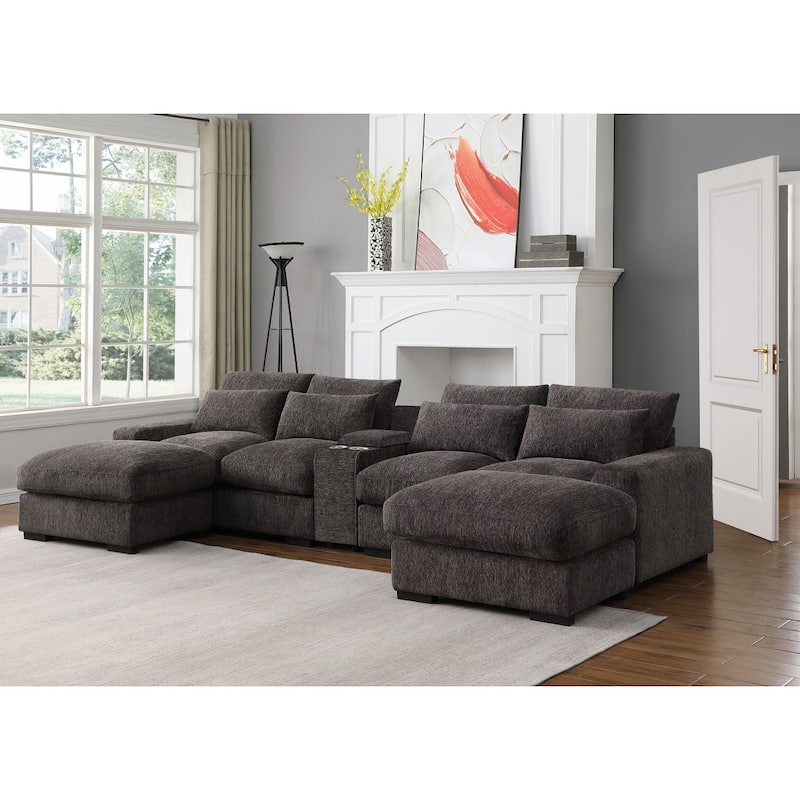Modern Modular Sectional Sofa with Ottomans and Built-in Console, Cupholders