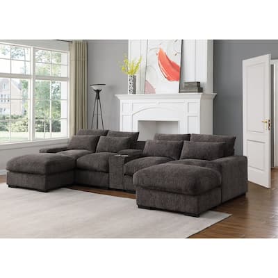 Modern Modular Sectional Sofa with Ottomans and Built-in Console, Cupholders