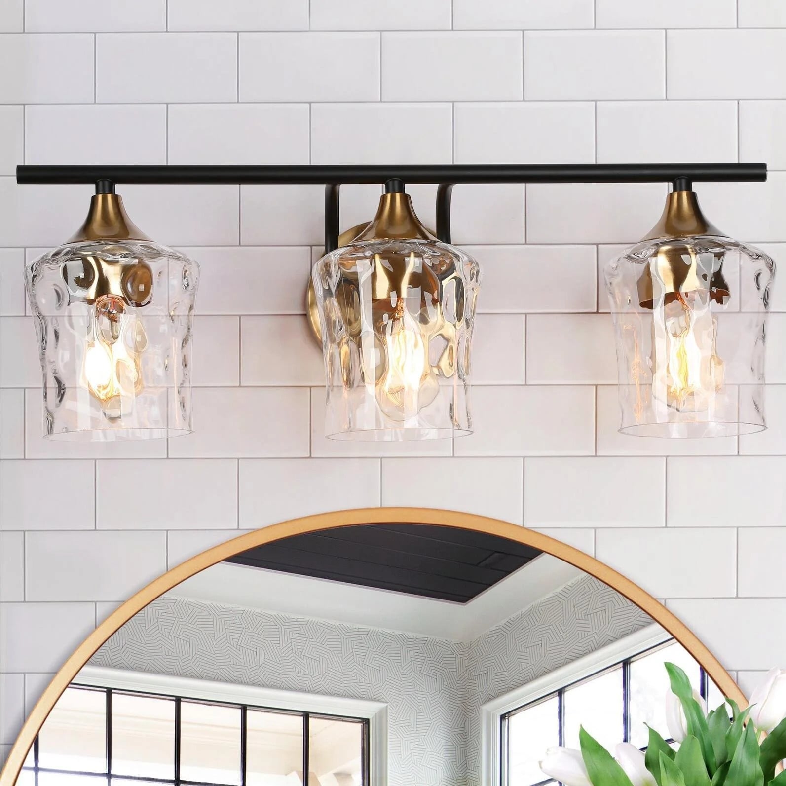 3-Light Modern Bathroom Vanity Light Dimmable Black Gold Glass Wall Sconce - 20" L x 7" W x 7" H