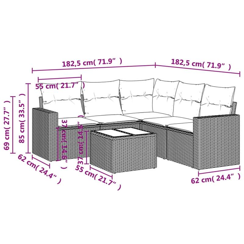 vidaXL Patio Sofa Set with Cushions Outdoor Conversation Furniture Poly Rattan - 25.8" x 24.4" x 27.2"