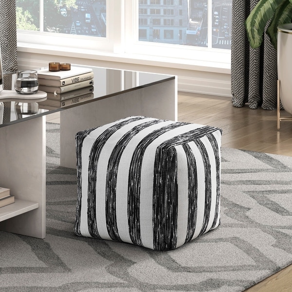 Modern Pouf Black and White Striped Fabric Upholstered Ottoman Small White Black
