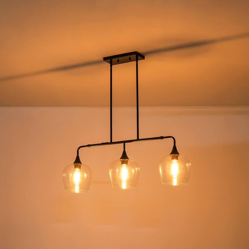 3-Light Modern Black/Gold Linear Kitchen Island Lights with Clear Glass Shade
