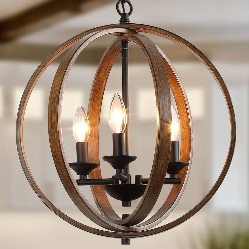 Farmhouse 3-Light Wood Grain Globe Chandelier Pendant for Kitchen Island Foyer - W 15.5 "x H 18 "