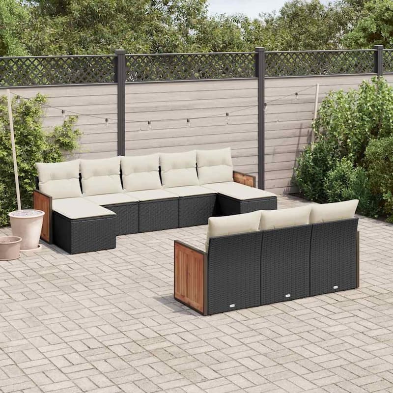 vidaXL Patio Sofa Set with Cushions Outdoor Conversation Furniture Poly Rattan - 21.7 x 21.7 x 14.6 in - Black and cream without table