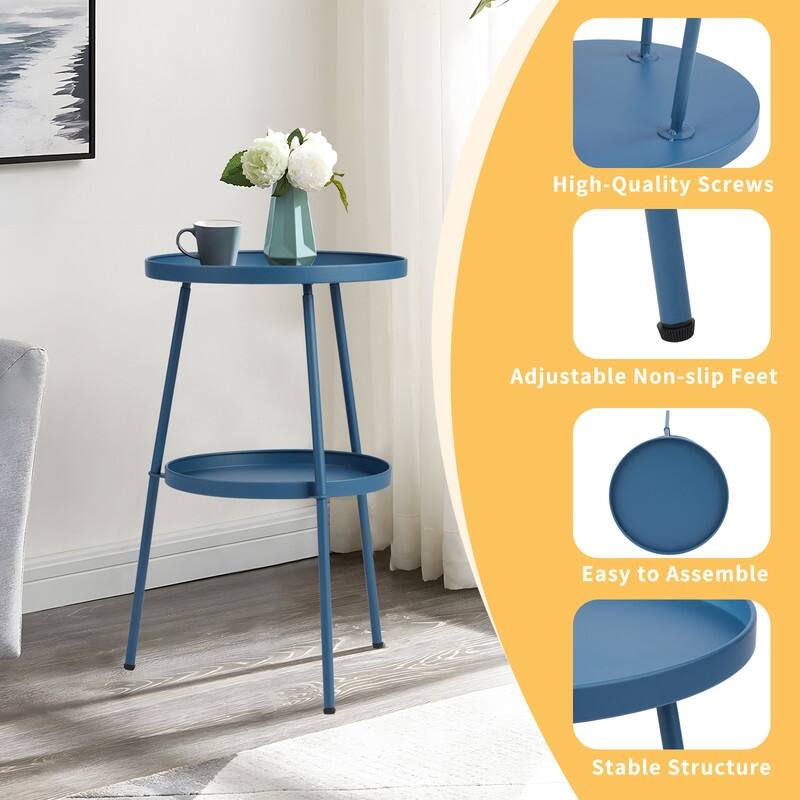 2 Tier Round Patio Small Side Table, Metal Coffee Table for Indoor Outdoor